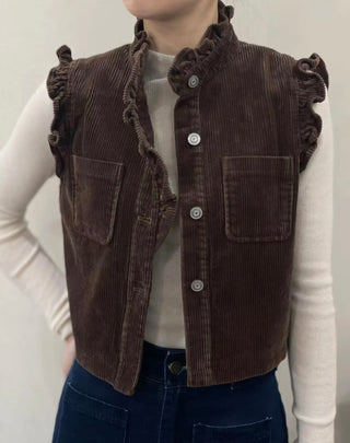 Clem Corduroy Waistcoat with Frill Details - Chocolate