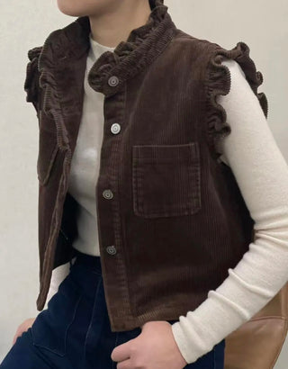 Clem Corduroy Waistcoat with Frill Details - Chocolate