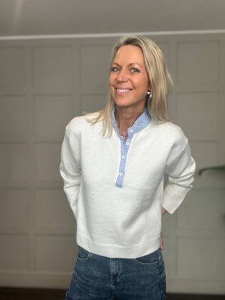 Hatton Jumper with Stripe Collar Detail - Blue, Off White