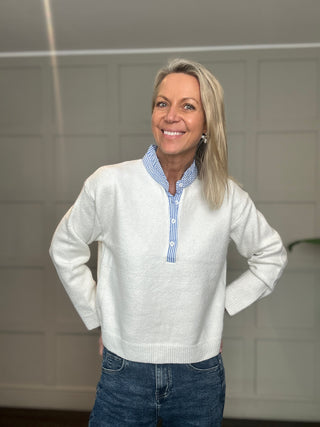 Hatton Jumper with Stripe Collar Detail - Blue, Off White
