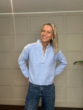 Hatton Jumper with Stripe Collar Detail - Blue, Off White