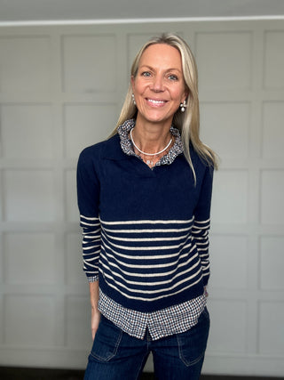 Thirsk Stripe Cashmere Blend Jumper with Collar - Berry, Green, Navy Blue