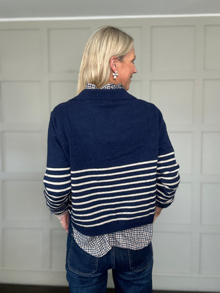 Thirsk Stripe Cashmere Blend Jumper with Collar - Berry, Green, Navy Blue