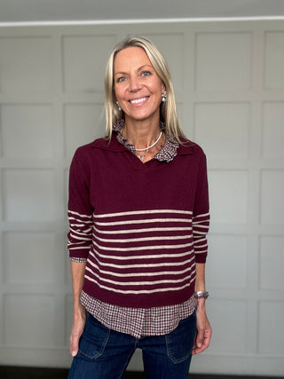 Thirsk Stripe Cashmere Blend Jumper with Collar - Berry, Green, Navy Blue
