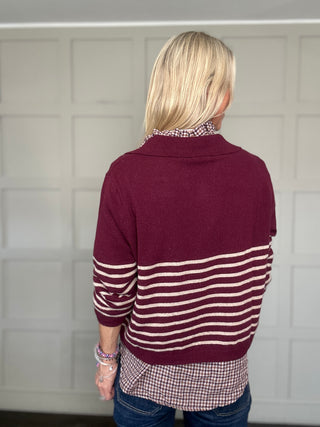 Thirsk Stripe Cashmere Blend Jumper with Collar - Berry, Green, Navy Blue