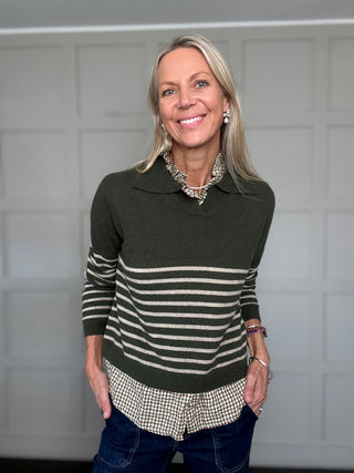 Thirsk Stripe Cashmere Blend Jumper with Collar - Berry, Green, Navy Blue