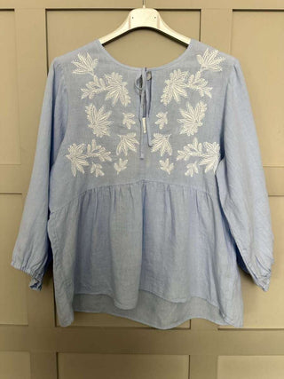 Gwendina Long Sleeve Linen Blouse by Part Two - Sky Blue and White