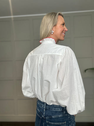 Montfleur Blouse with Embroidered Edging - Blue, Red