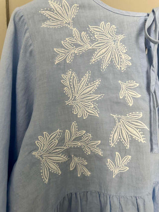 Gwendina Long Sleeve Linen Blouse by Part Two - Sky Blue and White