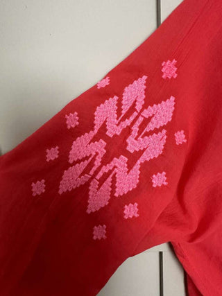 Babielle Lightweight Cotton Blouse with Tie Front - Off White and Red