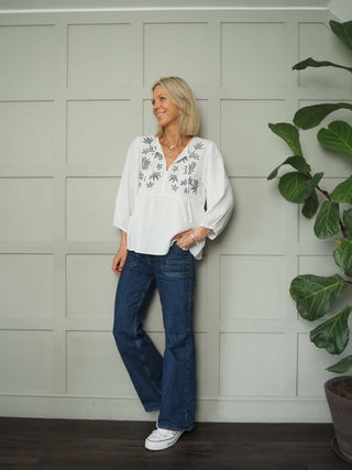 Gwendina Long Sleeve Linen Blouse by Part Two - Sky Blue and White