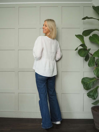 Gwendina Long Sleeve Linen Blouse by Part Two - Sky Blue and White