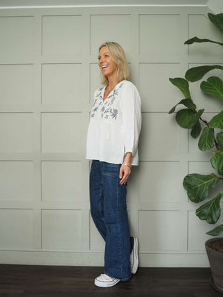 Gwendina Long Sleeve Linen Blouse by Part Two - Sky Blue and White