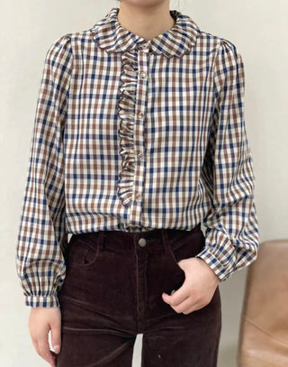 Pickering Blouse with Scalloped Collar and Ruffle Detail - Chocolate/Navy Check