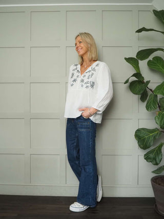 Gwendina Long Sleeve Linen Blouse by Part Two - Sky Blue and White