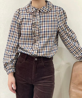 Pickering Blouse with Scalloped Collar and Ruffle Detail - Chocolate/Navy Check