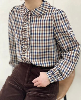 Pickering Blouse with Scalloped Collar and Ruffle Detail - Chocolate/Navy Check