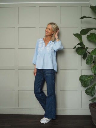 Gwendina Long Sleeve Linen Blouse by Part Two - Sky Blue and White