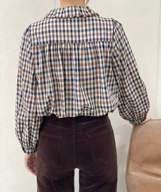 Pickering Blouse with Scalloped Collar and Ruffle Detail - Chocolate/Navy Check