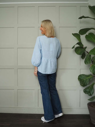 Gwendina Long Sleeve Linen Blouse by Part Two - Sky Blue and White