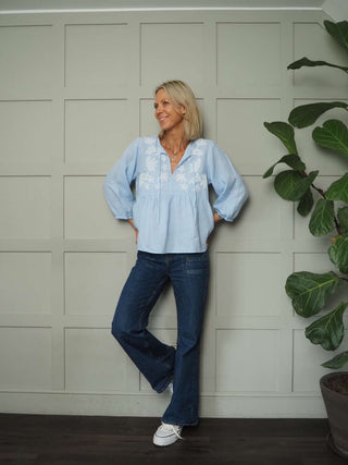 Gwendina Long Sleeve Linen Blouse by Part Two - Sky Blue and White