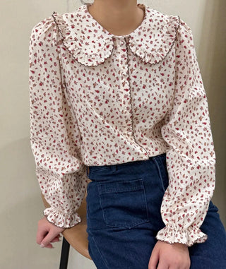 Molton Floral Blouse with Scalloped Peter Pan Collar - Ecru/Burgundy