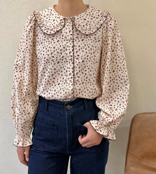 Molton Floral Blouse with Scalloped Peter Pan Collar - Ecru/Burgundy