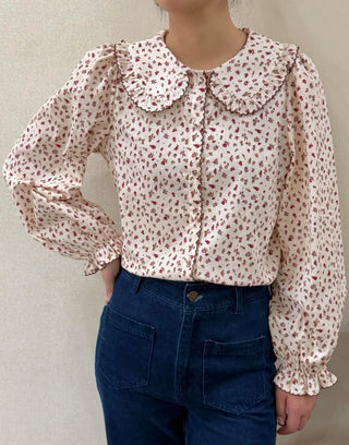 Molton Floral Blouse with Scalloped Peter Pan Collar - Ecru/Burgundy
