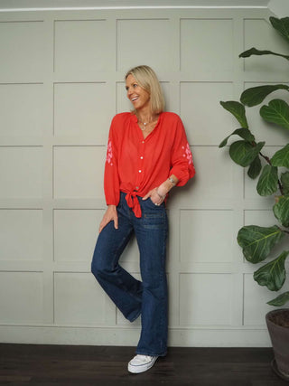 Babielle Lightweight Cotton Blouse with Tie Front - Off White and Red