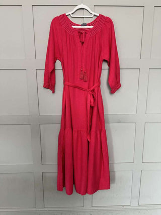 Crispin Linen Mix, Long Sleeved Dress with Side Pockets - Raspberry