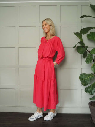 Crispin Linen Mix, Long Sleeved Dress with Side Pockets - Raspberry