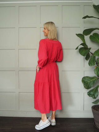 Crispin Linen Mix, Long Sleeved Dress with Side Pockets - Raspberry