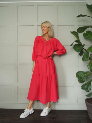 Crispin Linen Mix, Long Sleeved Dress with Side Pockets - Raspberry