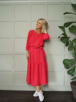 Crispin Linen Mix, Long Sleeved Dress with Side Pockets - Raspberry
