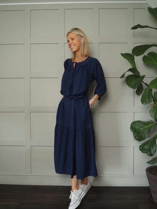 Crispin Linen Mix, Long Sleeved Dress with Side Pockets - Raspberry