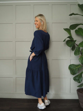 Crispin Linen Mix, Long Sleeved Dress with Side Pockets - Raspberry