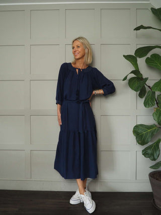 Crispin Linen Mix, Long Sleeved Dress with Side Pockets - Raspberry