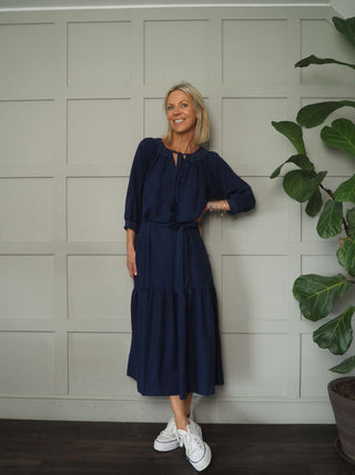 Crispin Linen Mix, Long Sleeved Dress with Side Pockets - Raspberry