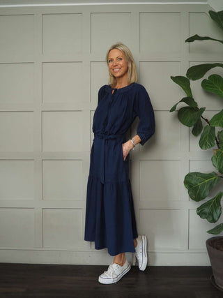 Crispin Linen Mix, Long Sleeved Dress with Side Pockets - Raspberry