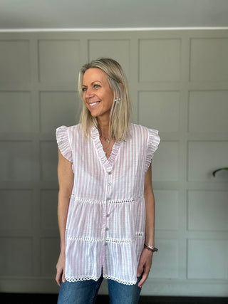 Exmouth Short Sleeve Stripe Blouse -  Blue, Mocha, Pink, Yellow