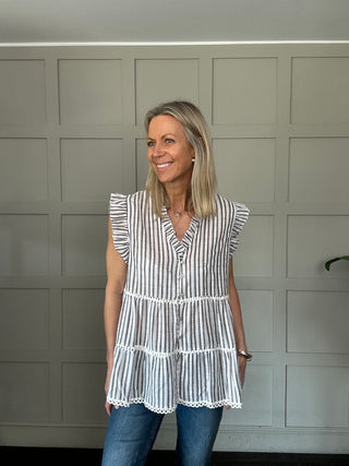 Exmouth Short Sleeve Stripe Blouse -  Blue, Mocha, Pink, Yellow