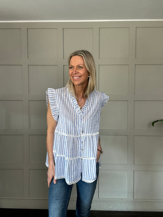 Exmouth Short Sleeve Stripe Blouse -  Blue, Mocha, Pink, Yellow