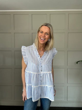 Exmouth Short Sleeve Stripe Blouse -  Blue, Mocha, Pink, Yellow