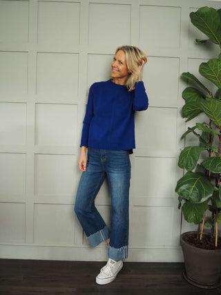 Dovere Round Neck Jumper with Cable Knit &amp; Ribbing Detail by Emme - Cobalt Blue