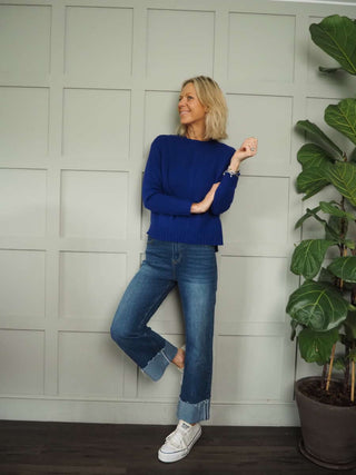 Dovere Round Neck Jumper with Cable Knit &amp; Ribbing Detail by Emme - Cobalt Blue