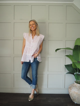 Exmouth Short Sleeve Stripe Blouse -  Blue, Mocha, Pink, Yellow