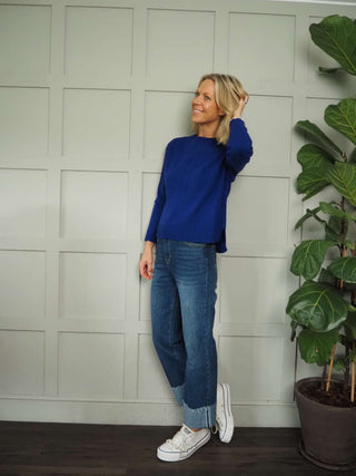 Dovere Round Neck Jumper with Cable Knit &amp; Ribbing Detail by Emme - Cobalt Blue