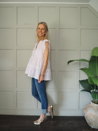 Exmouth Short Sleeve Stripe Blouse -  Blue, Mocha, Pink, Yellow