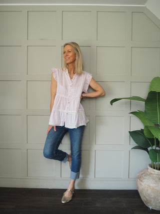 Exmouth Short Sleeve Stripe Blouse -  Blue, Mocha, Pink, Yellow