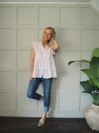 Exmouth Short Sleeve Stripe Blouse -  Blue, Mocha, Pink, Yellow